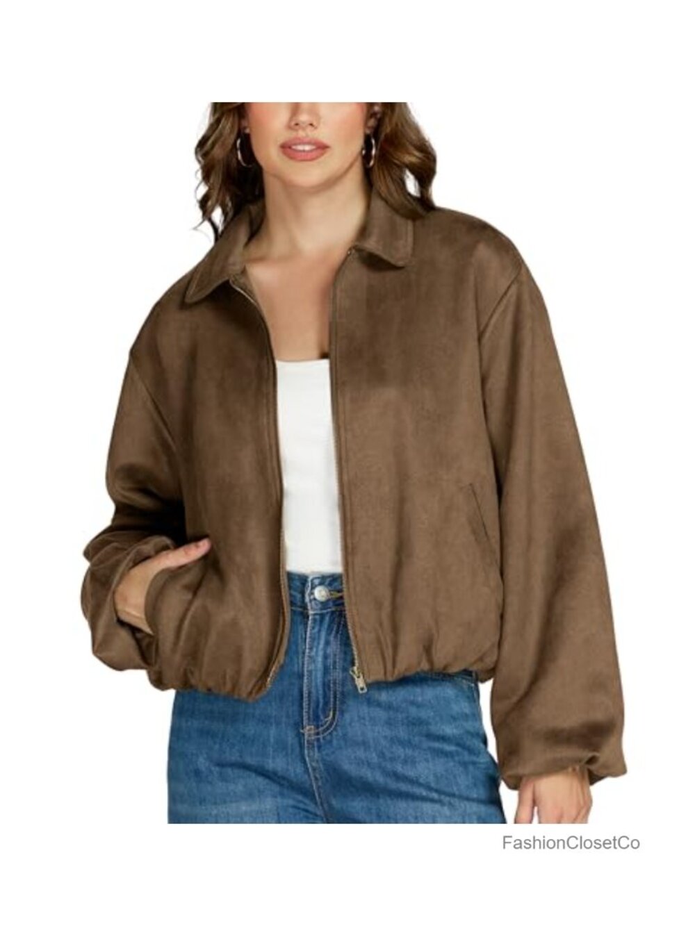 Faux Suede Cropped Bomber Jacket Women Zip Up Lightweight Fall Coat